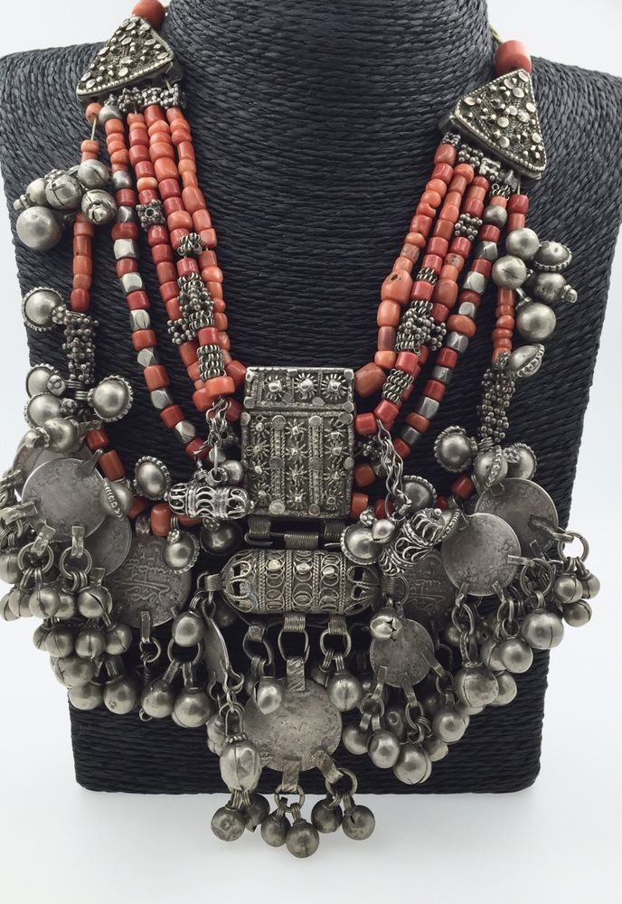 tribal jewelry antique silver coral necklace yemen yemeni ethnic tribal beads hirz multi HWPOKYJ