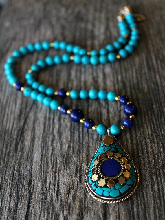tribal jewelry lapis and turquoise statement necklace, nepalese lapis lazuli necklace,  blue gold QGJSGAZ