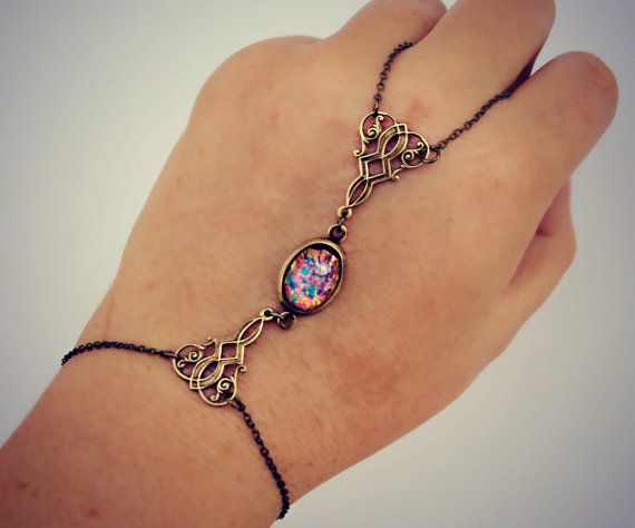 unique bracelets hand chain, pink opal and filigree, opal hand chain, ring bracelet, slave ULIMSQO