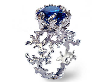 unique engagement rings coral blue sapphire engagement ring, statement ring, sterling silver blue  sapphire KFGWQSP