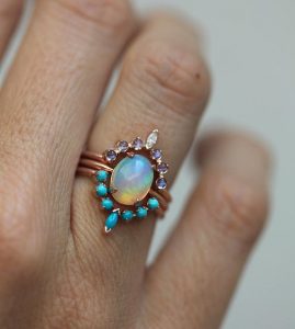 unique wedding rings ocean engagement ring set, solitaire fire opal with moonstone ring and ISMBTYH