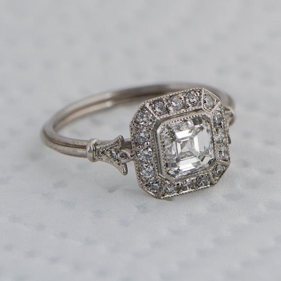 vintage rings vintage style asscher cut diamond engagement ring - diamond halo - 1.01 RYHNXPZ