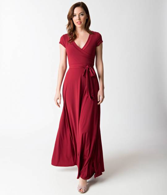 vintage style burgundy v-neck short sleeve maxi dress SKZWDLS