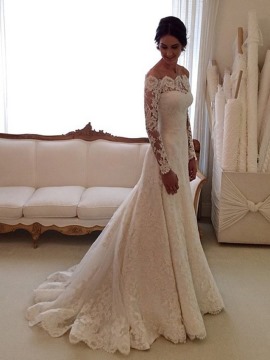 vintage wedding gowns off the shoulder buttoned zip-up long sleeve lace wedding dress XXBTXDR