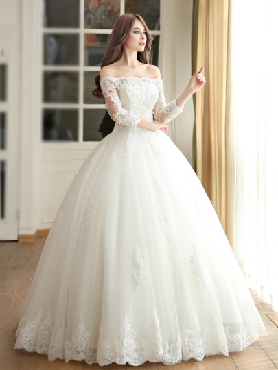 wedding ball gowns off-the-shoulder ball gown 3/4 length sleeves lace wedding dress LSSOJAW