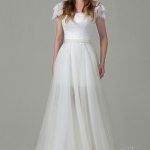 wedding dresses with sleeves fashion sheath-column square natural court train tulle and lace ivory cap  sleeve zipper IBYWADL