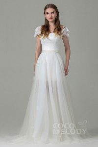 wedding dresses with sleeves fashion sheath-column square natural court train tulle and lace ivory cap  sleeve zipper IBYWADL