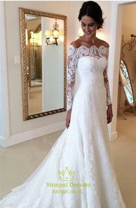 wedding dresses with sleeves white lace off the shoulder sheer long sleeve wedding dress with train RBZKYEI