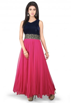 western dresses embroidered net and velvet gown in fuchsia and navy blue DASPQIG