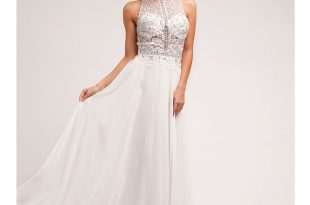 white formal dresses prom dresses off white beaded lace chiffon halter gown | fashionoah.com DETKPAQ