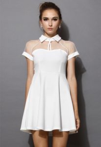 white party dress mesh peak collar skater dress in white - retro white and nude collection - NOVJYZY