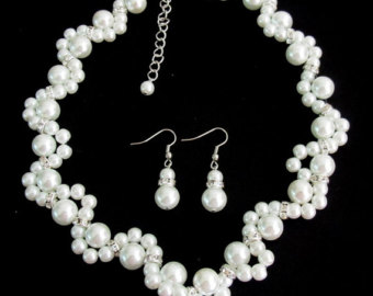white pearl necklace glass pearl necklace earrings bridesmaid jewelry  flower girl KUVGEAQ