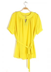 yellow blouse yellow belt rivet collarless buttons chiffon blouse AHZXSWF