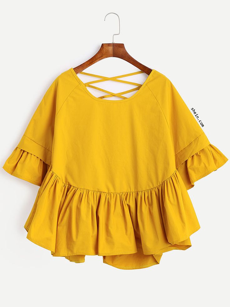 yellow blouse yellow lattice-back ruffle sleeve blouse JNIXNSL