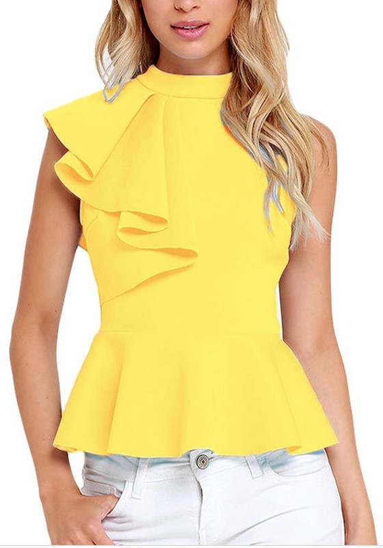 yellow blouse yellow plain ruffle pleated zipper band collar sleeveless blouse DQRQIHE