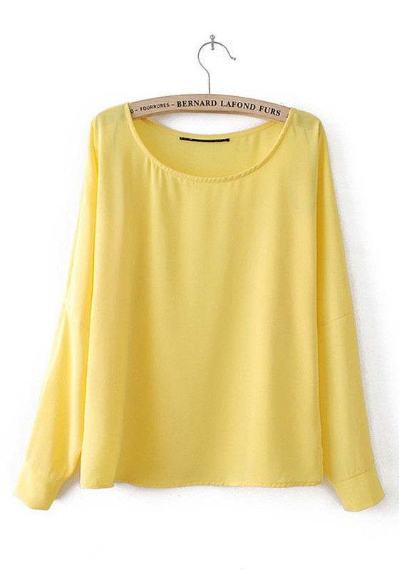 yellow blouse yellow round neck long sleeve chiffon blouse KRYCTTV