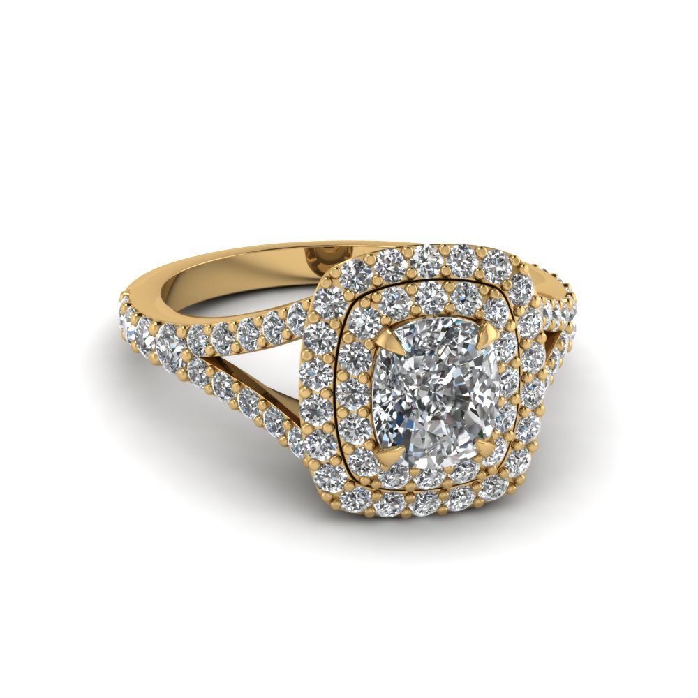 yellow gold rings cushion cut diamond halo engagement rings with white diamond in 14k yellow GIMKLKT