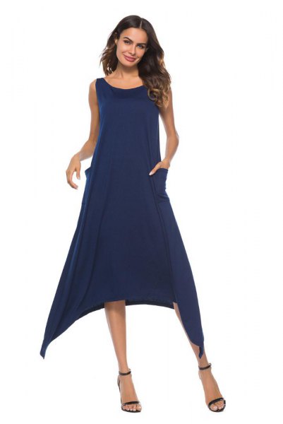 Navy blue sleeveless midi swing dress with open toe heels