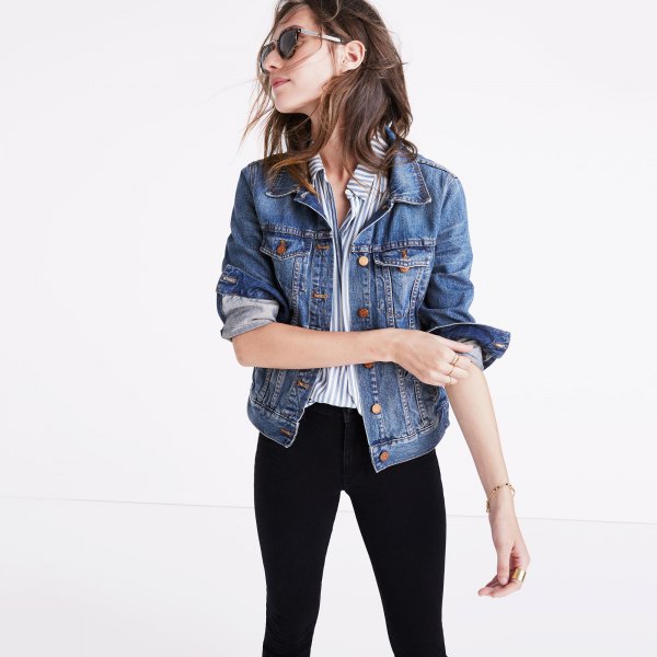 Denim motorcycle jacket with striped shirt and black skinny jeans
