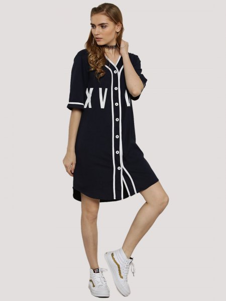 Black and white shirt dress in baseball jersey with buttons and half length sleeves