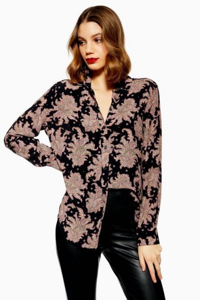 Black and blush printed shirt with leather leggings