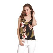 Hawaiian style black and white printed tank top with white jeans