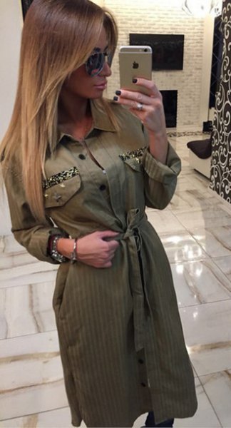 Green khaki dress with tie at waist and buttons