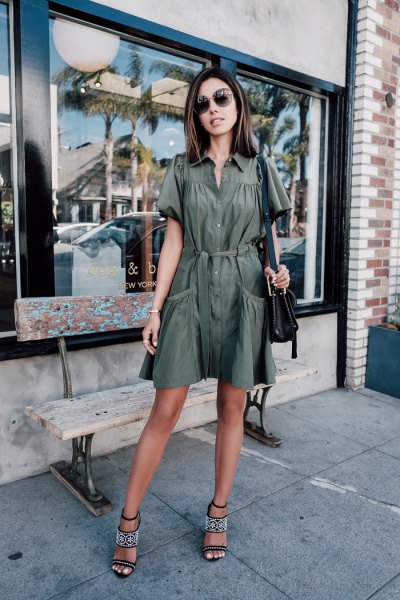 Flared buttoned mini khaki dress with belt and open toe heels