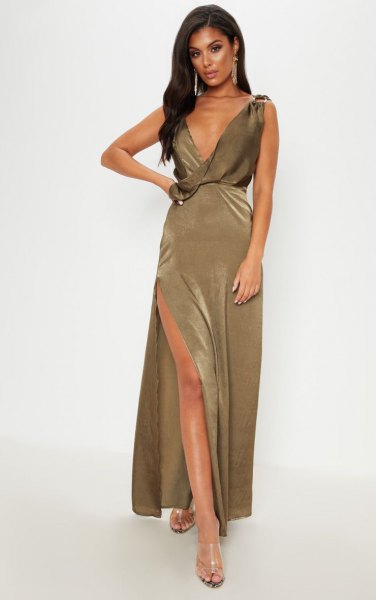 Khaki deep V-neck maxi dress with high slit and silver open toe heels