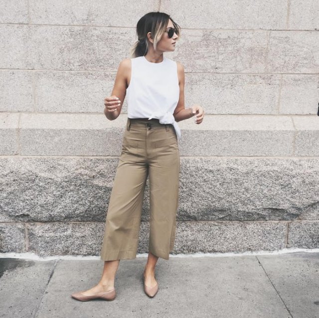 White tank top with wide trousers