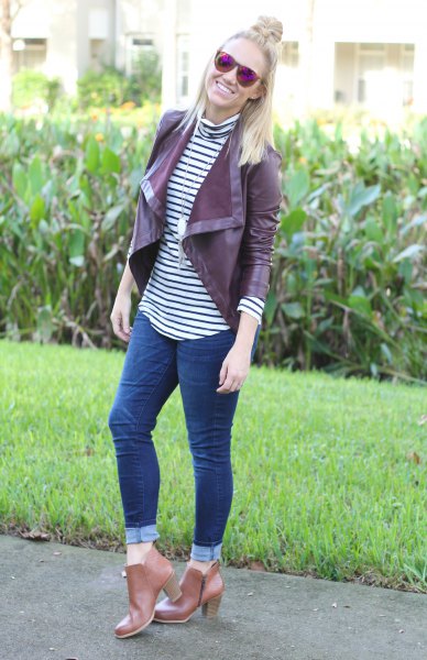 maroon leather jacket with black and white striped turtleneck t-shirt