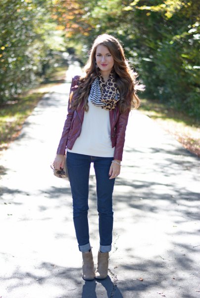 white chiffon blouse with leopard print infinity scarf and dark jeans