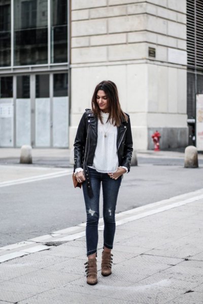 black leather jacket with white chiffon blouse and gray skinny jeans