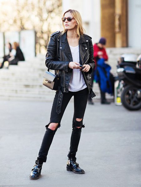 Black leather jacket with white scoop neck t-shirt