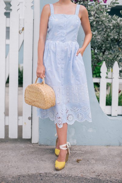 Sky blue lace flared midi dress with yellow heels