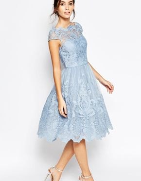 Light blue cap sleeve midi dress with a flared silhouette