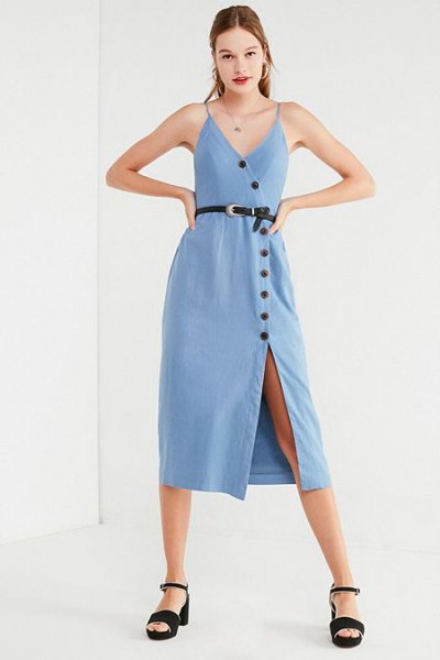 Light blue belted button down midi dress with black open heels