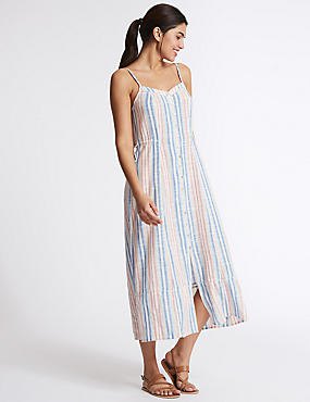 Blue, white and pink vertical striped midi tank dress with sandals