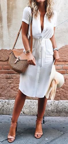 White button down midi summer dress with a gathered waist and pale pink open toe heels