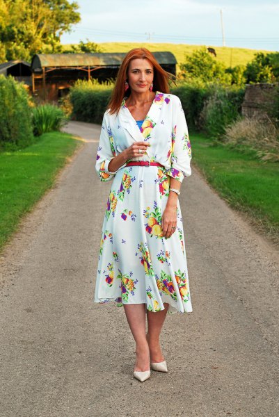White floral print long sleeve belted midi dress