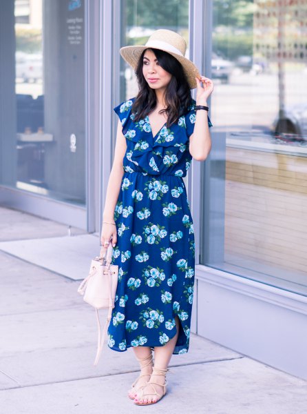 Navy blue floral sexy V-neck midi dress with straw hat