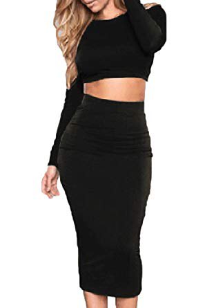 Black two piece bodycon midi dress with long sleeves