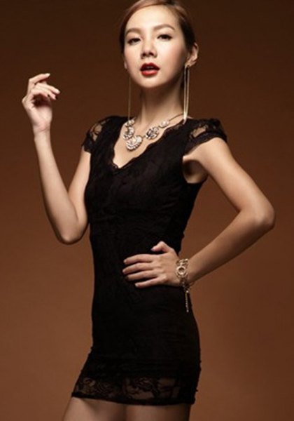 Black lace super mini bodycon dress with cap sleeves and V-neckline