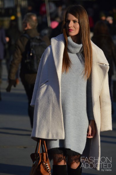 White wool coat with gray turtleneck dress