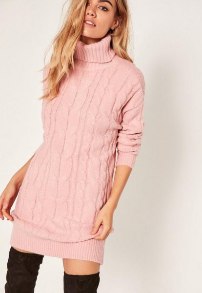 Light pink cable knit turtleneck sweater dress with thigh high
boots