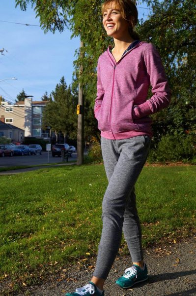 Gray hoodie with matching loose-fitting running pants