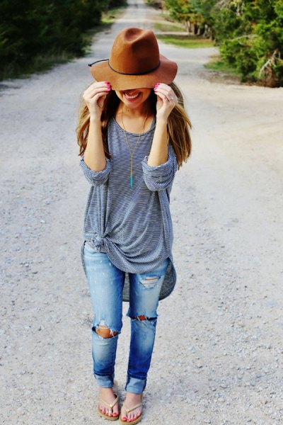 gray knotted oversized long sleeve t-shirt and green floppy hat