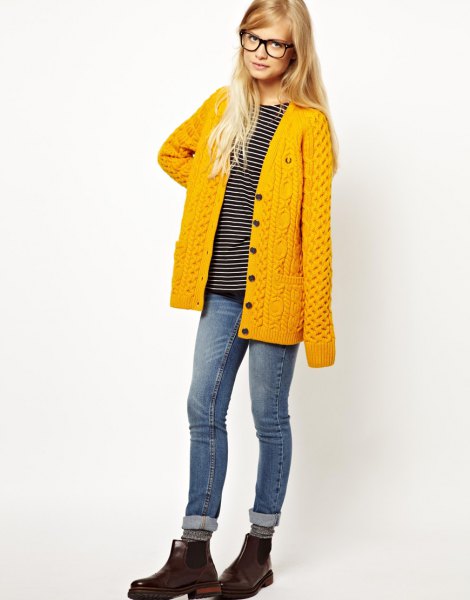 Lemon yellow cable knit cardigan with striped t-shirt and gray jeans