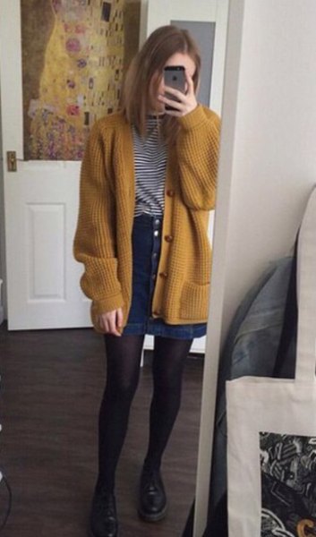 Mustard yellow ribbed chunky cardigan with black and white striped t-shirt