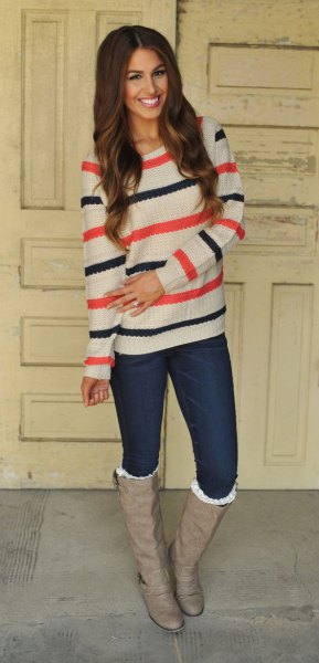 White, blue and orange striped sweater with pink leather boots